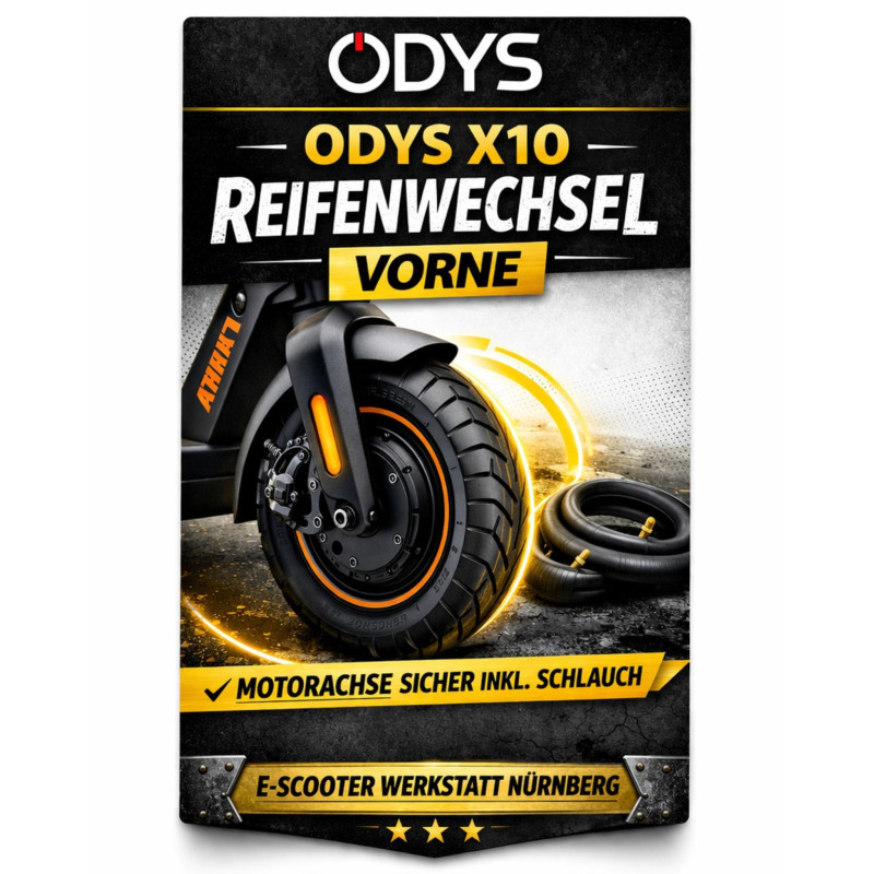 ODYS Alpha X10 Reifenwechsel vorne inkl. Reifen & Schlauch | E-Scooter Werkstatt Nürnberg