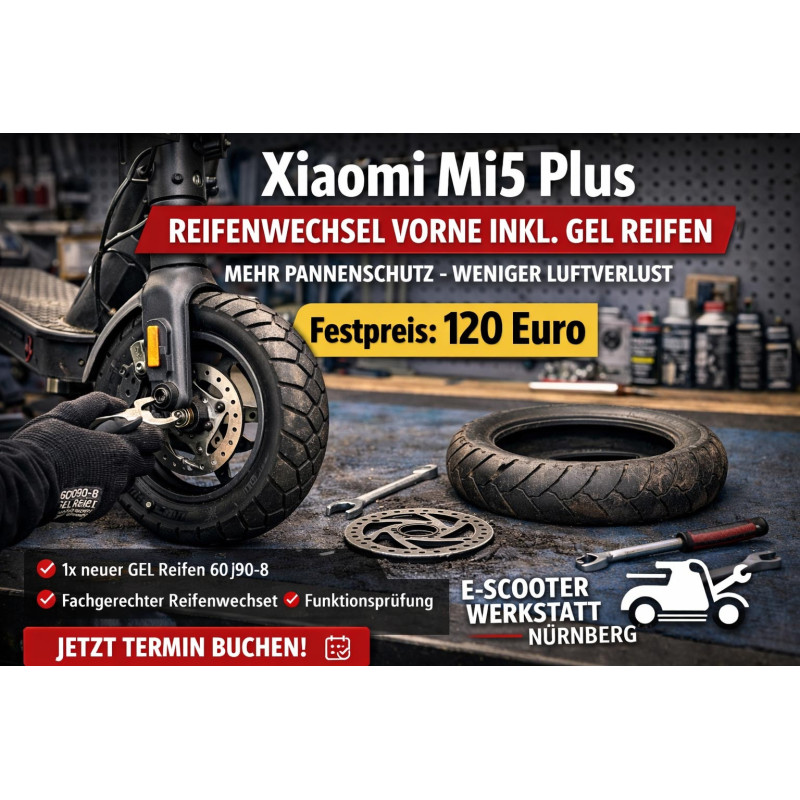 Xiaomi Mi5 Plus Reifenwechsel vorne inkl. GEL Reifen – E-Scooter Werkstatt Nürnberg