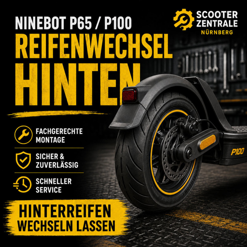 Ninebot P65 P100 Reifenwechsel hinten ohne Gel – E-Scooter Werkstatt Nürnberg